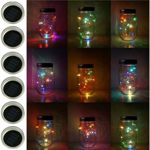 6 Pack Mason Jar Lights, 10 LED Solar Colorful Flicker Fairy String Lights Lids - Picture 1 of 7